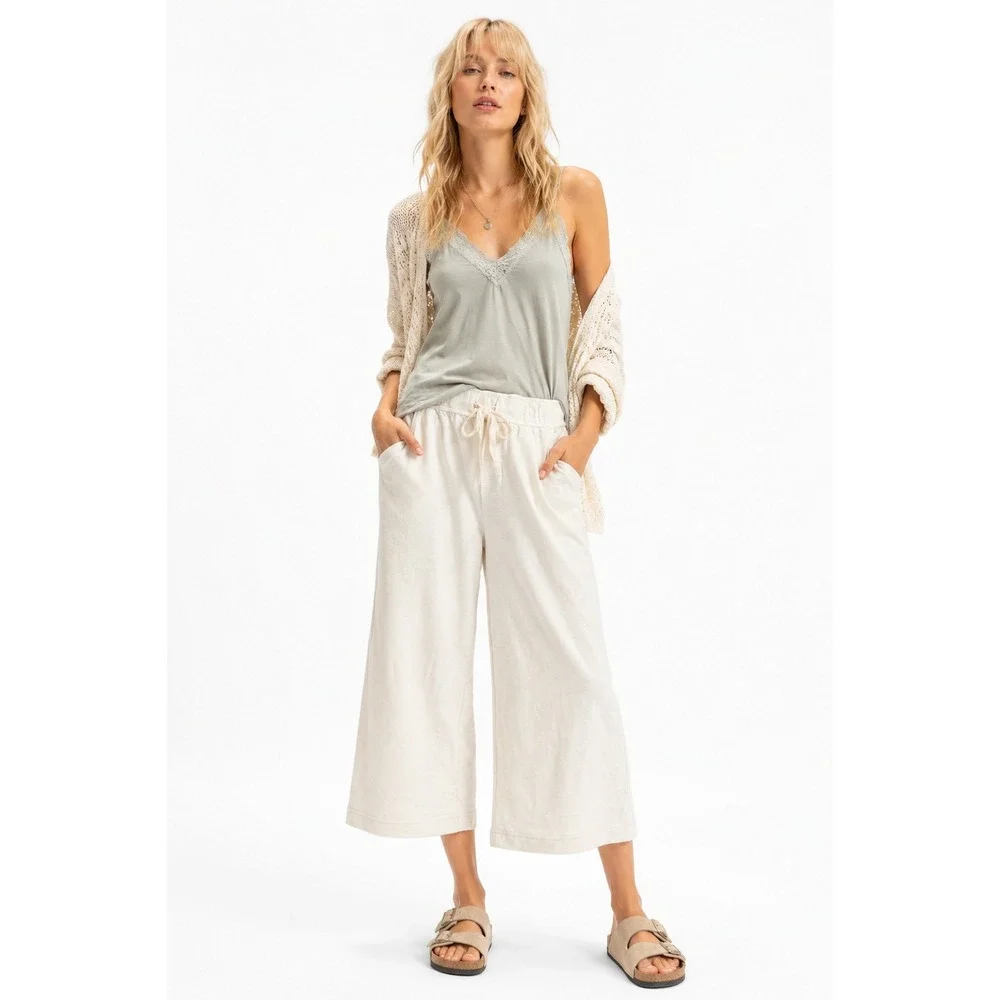 Free People Free-Est Wide Leg Pants Nilla Cream Size S Textured Knit Drawstring
